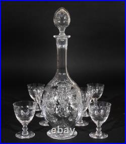 Boda Floral Crystal Cordial Decanter & Stopper with 10 Glasses Vtg Signed