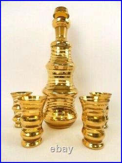 Bohemia Crystal Decanter 4 Glasses Vintage Amber Gold Stripes Stunning Pre-owned