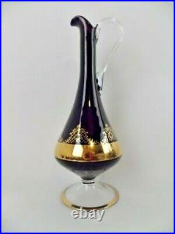 Bohemia Crystal Decanter & 5 Glasses Deep Purple Gold Filigree Accent Stunning