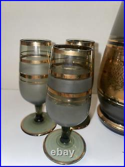 Bohemia Czech Smoked Glass Decanter and 6 Glasses 1950s Gorgeous Vintage Set