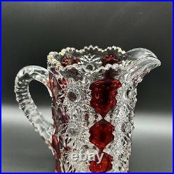 Bohemian Czech Art Glass Red Clear Pitcher Crystal Vintage 8T 8W Golden Rim