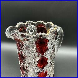 Bohemian Czech Art Glass Red Clear Pitcher Crystal Vintage 8T 8W Golden Rim