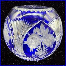Bohemian Czech Cut To Clear Cobalt Blue Crystal Glass Centerpiece Rose Bowl Vtg