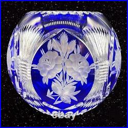 Bohemian Czech Cut To Clear Cobalt Blue Crystal Glass Centerpiece Rose Bowl Vtg
