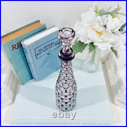 Bohemian Czech Cut to Clear Purple Crystal Glass Decanter Bottle with Stopper Vtg