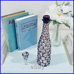 Bohemian Czech Cut to Clear Purple Crystal Glass Decanter Bottle with Stopper Vtg