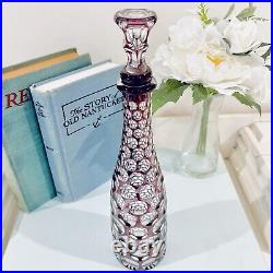 Bohemian Czech Cut to Clear Purple Crystal Glass Decanter Bottle with Stopper Vtg