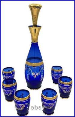 Bohemian Czech Glass Decanter 6 Mini Glasses Cobalt Blue Gold Floral New Vintage