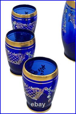 Bohemian Czech Glass Decanter 6 Mini Glasses Cobalt Blue Gold Floral New Vintage