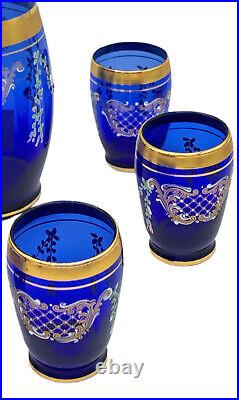 Bohemian Czech Glass Decanter 6 Mini Glasses Cobalt Blue Gold Floral New Vintage