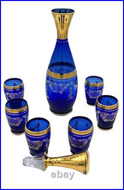 Bohemian Czech Glass Decanter 6 Mini Glasses Cobalt Blue Gold Floral New Vintage