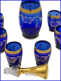 Bohemian Czech Glass Decanter 6 Mini Glasses Cobalt Blue Gold Floral New Vintage