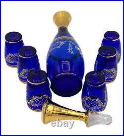 Bohemian Czech Glass Decanter 6 Mini Glasses Cobalt Blue Gold Floral New Vintage