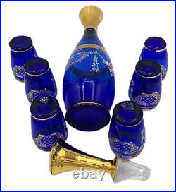 Bohemian Czech Glass Decanter 6 Mini Glasses Cobalt Blue Gold Floral New Vintage