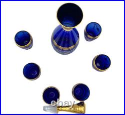 Bohemian Czech Glass Decanter 6 Mini Glasses Cobalt Blue Gold Floral New Vintage