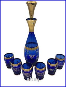 Bohemian Czech Glass Decanter 6 Mini Glasses Cobalt Blue Gold Floral New Vintage