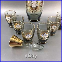 Bohemian Czech Silver Gray Vintage Flowers Decanter Glass Cordial Bar Set