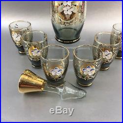 Bohemian Czech Silver Gray Vintage Flowers Decanter Glass Cordial Bar Set