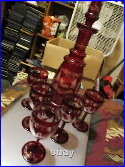 Bohemian Glass Czech Decanter & Cordial Glasses Ruby Red Cut to Clear Egerman