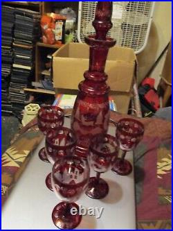 Bohemian Glass Czech Decanter & Cordial Glasses Ruby Red Cut to Clear Egerman