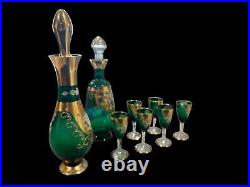 Bohemian Glass Decanter Set, Green Glass With Enameled Flowers Vintage read