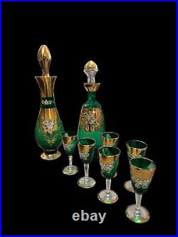 Bohemian Glass Decanter Set, Green Glass With Enameled Flowers Vintage read