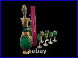 Bohemian Glass Decanter Set, Green Glass With Enameled Flowers Vintage read