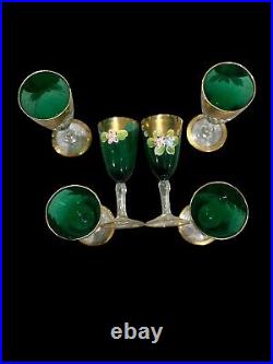 Bohemian Glass Decanter Set, Green Glass With Enameled Flowers Vintage read