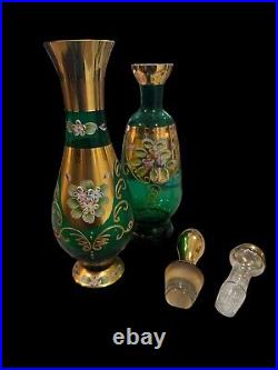 Bohemian Glass Decanter Set, Green Glass With Enameled Flowers Vintage read