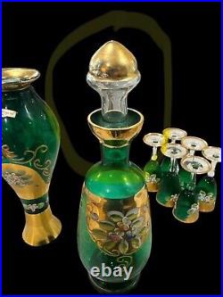 Bohemian Glass Decanter Set, Green Glass With Enameled Flowers Vintage read