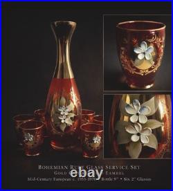 Bohemian Gold Enamel Ruby Red Vodka/Liqueur /Cordial Decanter & 5 Shot Glasses