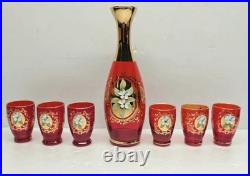 Bohemian Gold Enamel Ruby Red Vodka/Liqueur /Cordial Decanter & 5 Shot Glasses