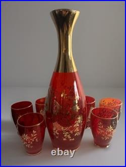 Bohemian Gold Enamel Ruby Red Vodka/Liqueur /Cordial Decanter & 5 Shot Glasses