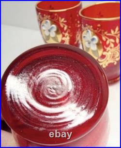 Bohemian Gold Enamel Ruby Red Vodka/Liqueur /Cordial Decanter & 5 Shot Glasses
