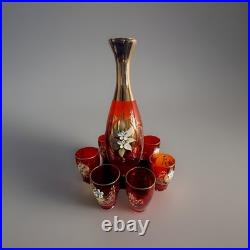 Bohemian Gold Enamel Ruby Red Vodka/Liqueur /Cordial Decanter & 5 Shot Glasses