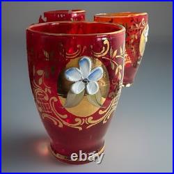 Bohemian Gold Enamel Ruby Red Vodka/Liqueur /Cordial Decanter & 5 Shot Glasses