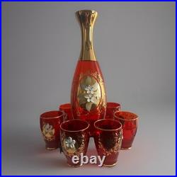 Bohemian Gold Enamel Ruby Red Vodka/Liqueur /Cordial Decanter & 5 Shot Glasses