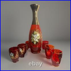Bohemian Gold Enamel Ruby Red Vodka/Liqueur /Cordial Decanter & 5 Shot Glasses