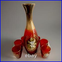 Bohemian Gold Enamel Ruby Red Vodka/Liqueur /Cordial Decanter & 5 Shot Glasses