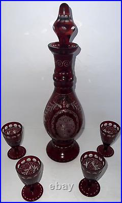 Bohemian Ruby Red Cut to Clear 12.5 in 16 Oz Decanter with 4 Cordial Glass Vtg
