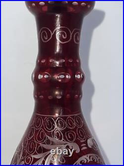 Bohemian Ruby Red Cut to Clear 12.5 in 16 Oz Decanter with 4 Cordial Glass Vtg