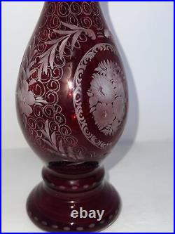 Bohemian Ruby Red Cut to Clear 12.5 in 16 Oz Decanter with 4 Cordial Glass Vtg