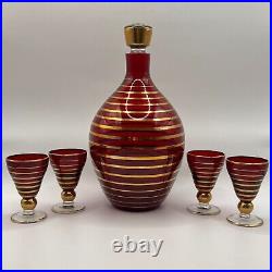 Bohemian Vintage Crystal Glass Set of Decanter & 4 Cups Gilding Czech Bohemia