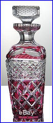 CRANBERRY RED PINK Square Whiskey Decanter CUT TO CLEAR CRYSTAL Germany BEYER