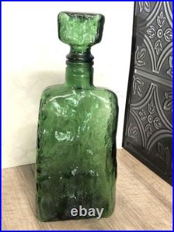 Carafe Bottle with Stopper Empoli Italy Green Glass Textured Decanter Italian Vtg
