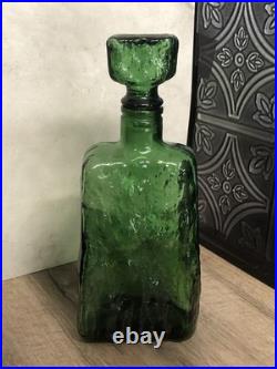 Carafe Bottle with Stopper Empoli Italy Green Glass Textured Decanter Italian Vtg