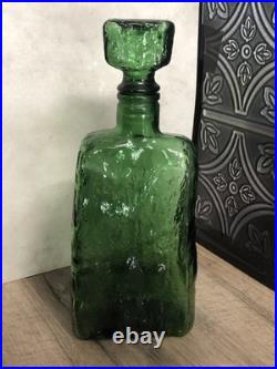 Carafe Bottle with Stopper Empoli Italy Green Glass Textured Decanter Italian Vtg