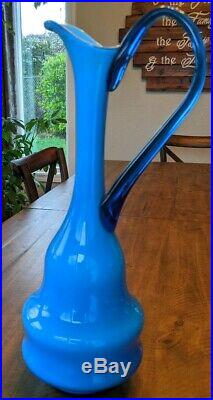 Carlo Moretti Empoli Murano Blue Cased Glass Jug Pitcher Ewer vintage MCM