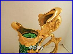 Claret Jug Gold Dore Dolphin Green Glass Antique