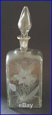 Clear etched glass vintage pre Victorian antique decanter flask